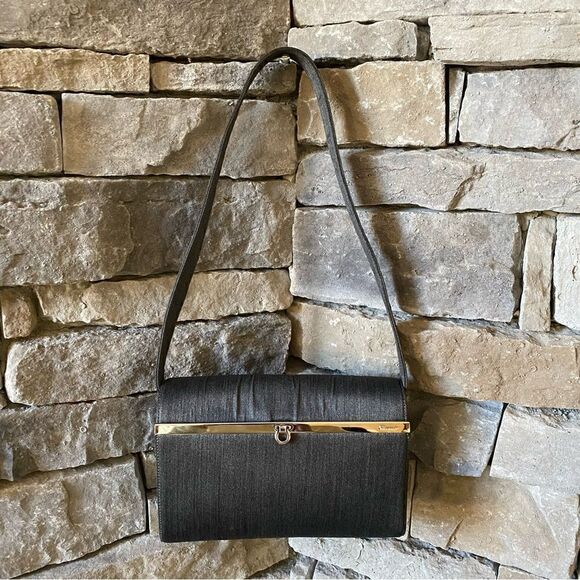 Salvatore Ferragamo Steel Grey/Blue Fabric Shoulder Bag Silver Chrome Hardware V - Picture 3 of 13